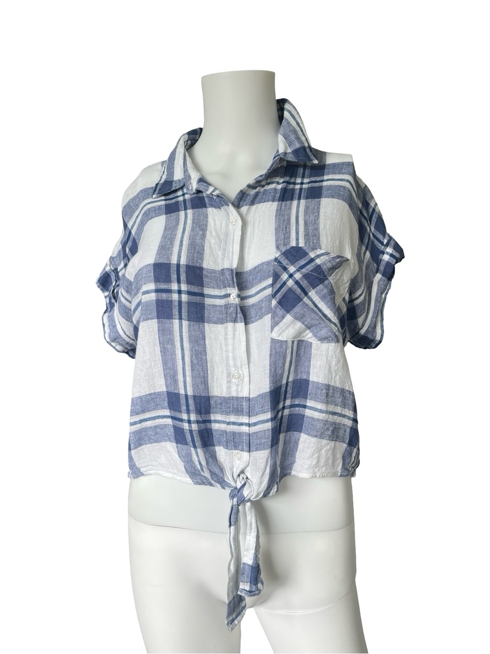 Rails Amelie Tie Front Top Blue White Linen Blend Coastal Womens Size Small